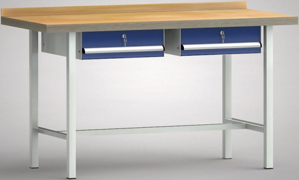 KLW Standard-Werkbank - 1500 x 700 x 840 mm L x T x H, zwei Einzelschubladen 150 mm Fh-EA, links & rechts, WS001N-1500M40-E7004
