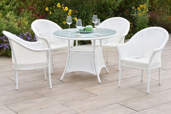 Merxx Bamberg Set 5-teilig, 4 Stapelsessel Bamberg, weiß, 1 Tisch Ø 102 cm, aufliegende Glasplatte, Alumiuniumgestell mit Kunststoffgeflecht, 51057-208