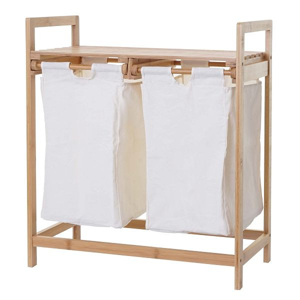 Mendler Wäschesammler HWC-B83, Laundry Wäschesortierer Wäschekorb Wäschebehälter, Bambus 2 Fächer 74x64x33cm 70l, weiß, 60731