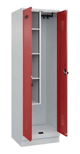 C+P Putzmittel-Spind Evolo PLUS, mit Sockel, 2 Abteile, 1950x600x500mm, 7035/300, Frontfarbe RAL 3000 feuerrot, Drehriegel, 049120-00 S10003
