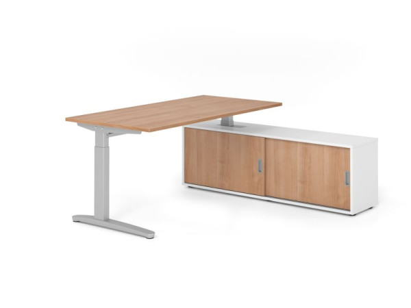 Hammerbacher Schreibtisch XB16, 160x80cm, Platte: Nussbaum, 25mm dick, C-Fuß Gestell Silber, höheneinstellbar, Weiß / Nuss, VXBE16SB/N/S/W/N