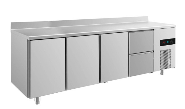 A&S Polarny Kühltisch -2 bis +8°C mit 3x Türen und 1x zwei Schubladen rechts, 2330 x 700 x 850 mm, mit Aufkantung, KT4TTTZA