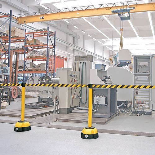 DENIOS Personenleitsystem K400, schwarz-gelbes Gurtband, Aluminium, Innen / Außen, gelb, 157645