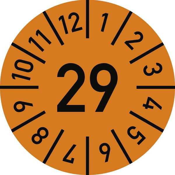 Moedel Prüfplakette Jahr 29 mit Monaten, orange, Folie, Ø 10 mm, VE: 10 Stück/Bogen, 108329