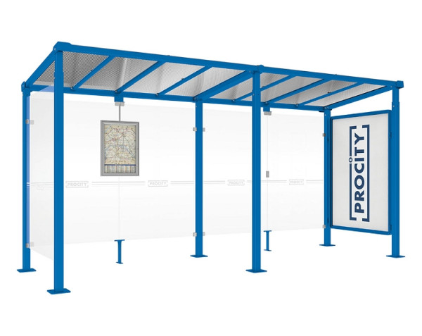 Procity Wartehalle Milano - 1 Schaukasten 2000 + 1 Seitenverkleidung, Farbe RAL 5010, Maße: Breite 5000 x Höhe 2545 x Tiefe 1824 mm, 529247.5010