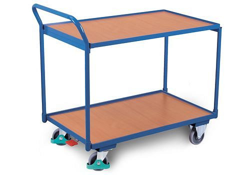 DENIOS Tischwagen DENIOS classic-line, 2 Böden mit Rand, 835 x 490 mm, Griff gebogen, 258174