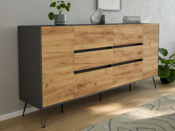 Posseik Sideboard Industrial R 200cm 6 Schubladen 2 Türen Grafit/Eiche Front, PN2095X0000019DE