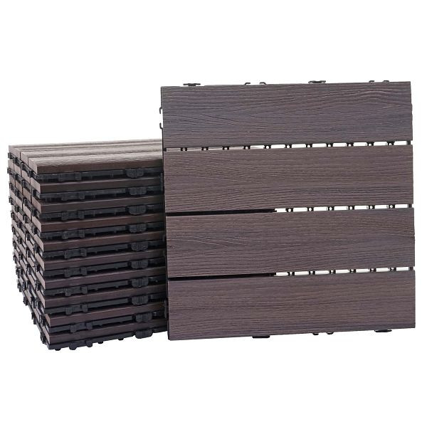Mendler WPC Bodenfliese HWC-E20, Holzoptik Balkon/Terrasse, 3D-Struktur linear, 11x je 30x30cm = 1qm, geprägt grau-braun, 65169