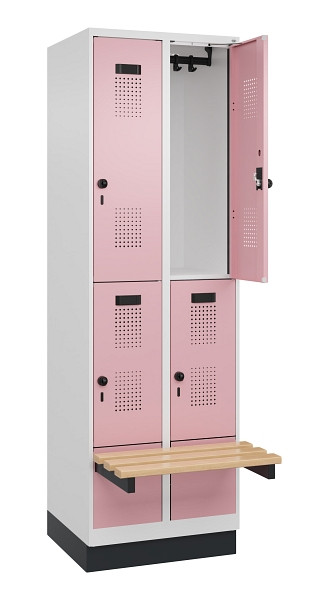 C+P Doppelstock-Spind Evolo PLUS, Bank, 4 Fächer, 1950x600x815mm, 9016/3015, Drehriegel, Sitzfläche Buche-Hartholz, mit Sockel, 049340-20 S10018