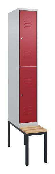 C+P Doppelstöckiger Spind Classic PLUS, 2120x300x815mm, 7035/3003, Zylinderschlösser, Sitzleisten aus Buche, mit untergebauter Sitzbank, 0803507-10 S10091