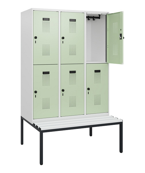 C+P Doppelstöckiger Spind Evolo PLUS, Bank, 6 Fächer, 1950x1200x815mm, 9016/6019, Drehriegel, Sitzfläche Kunststoff, Sitzbank, 0493505-32 S10118
