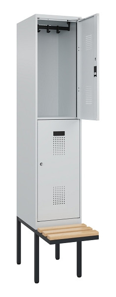 C+P Doppelstock-Spind Evolo PLUS, Bank, 2 Fächer, 2120x400x815mm, 7035/7035, Zylinderschloss, Sitzfläche Buche-Hartholz, 0493407-12 S10040