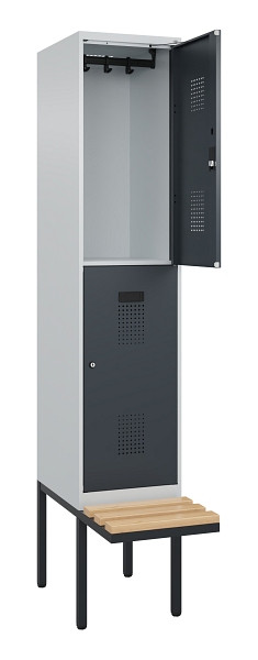 C+P Doppelstock-Spind Evolo PLUS, Bank, 2 Fächer, 2120x400x815mm, 7035/7016, Zylinderschloss, Sitzfläche Buche-Hartholz, 0493407-12 S10039