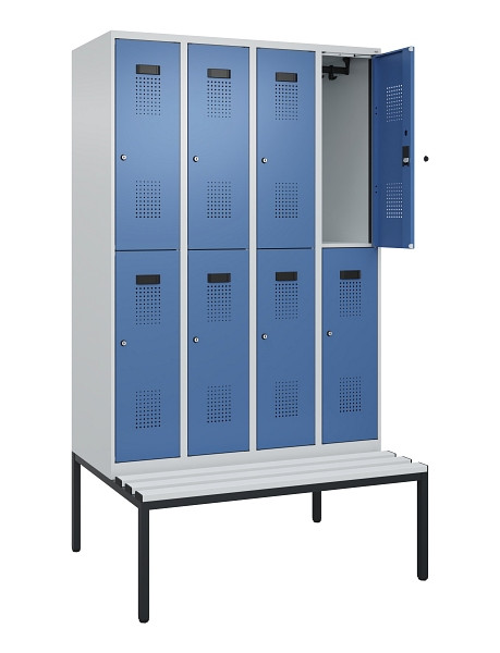 C+P Doppelstock-Spind Evolo PLUS, Bank, 8 Fächer, 2120x1200x815mm, 7035/5023, Zylinderschloss, Sitzfläche Kunststoff, Sitzbank, 0493507-40 S10116