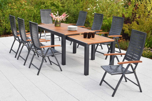 Merxx Tinos Set 9-teilig, 8 Tinos Klappsessel, folierte Armlehnen, Holzoptik, 1 Flex Ausziehtisch 180/180 x 100/83 x 80/74 cm, 50464-217