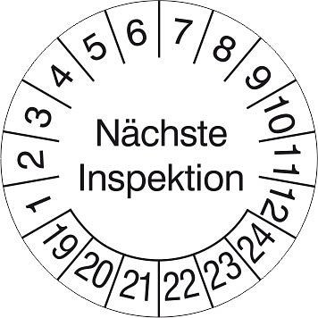 SafetyMarking Prüfplakette, Nächste Inspektion, Prüfzeitraum: 19-24, Ø 3 cm, Folie, selbstklebend, VE: 15 Stück/Bogen, 30.3690-19-24