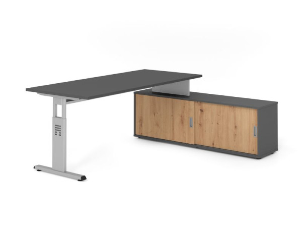 Hammerbacher Aufsatz-Schreibtisch OSE19, 180x80cm, Platte: Graphit, 25mm dick, T-Fuß Gestell Silber, Ahorn, SB/G/S/G/R, VOSE19SB/G/S/G/R