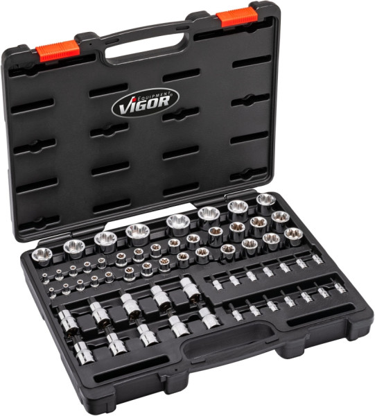 VIGOR T+ Steckschlüsseleinsatz Satz, 1/4 Zoll Vierkant, 3/8 Zoll Vierkant, 1/2 Zoll Vierkant, E+ Profil, T+ Profil, 60-teilig, V7920N
