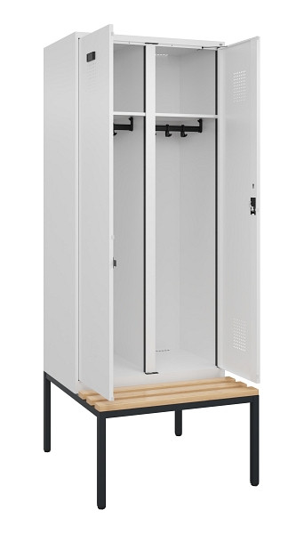 C+P Schwarz-Weiß-Spind Evolo PLUS, Bank, 2 Abteile, 2120x800x815mm, 9016/9016, Zylinderschloss, Sitzfläche Buche-Hartholz, Sitzbank, 0490527-22 S10047