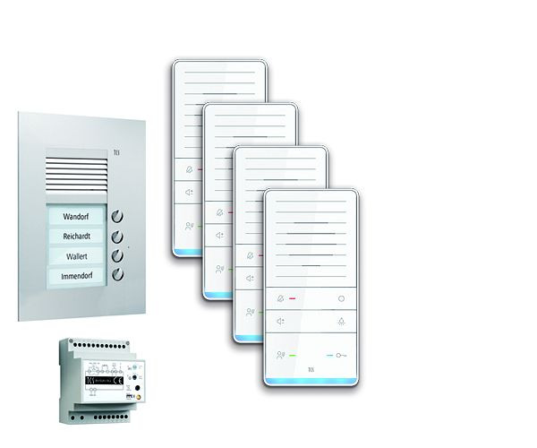 TCS Türkontrollsystem audio:pack UP für 4 Wohneinheiten, mit Außenstation PUK 4 Klingeltasten, 4x Freisprecher ISW5031, Steuergerät BVS20, PAUF041/001