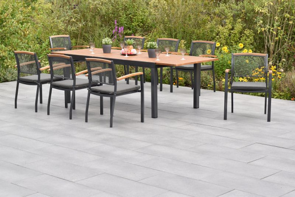 Merxx Tilos Set 17-teilig, 8 Tilos Stapelsessel, 8 Sitzkissen in grau, mit Befestigungsbändern, 1 Ausziehtisch 180 (250) x 100 cm, 50798-800