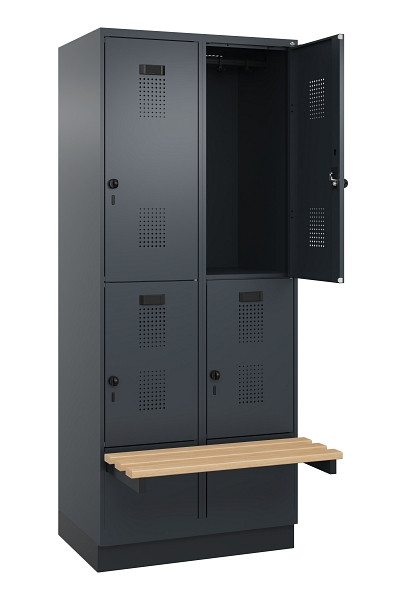 C+P Doppelstock-Spind Evolo PLUS, Bank, 4 Fächer, 1950x800x815mm, 7016/7016, Drehriegel, Sitzfläche Buche-Hartholz, mit Sockel, 049340-22 S10016