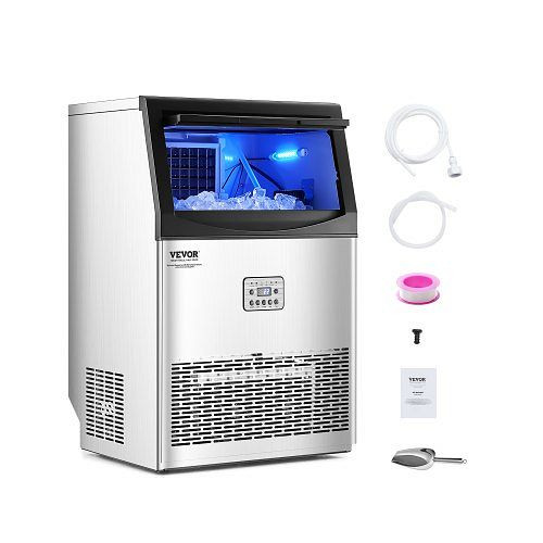 VEVOR Eismaschine 41 kg/Tag, 15 kg Speicher, Ablaufpumpe, 50 Würfel/15 Min, LED-Anzeige, selbstreinigend für Bar/Restaurant, ZHSKU00000000000134
