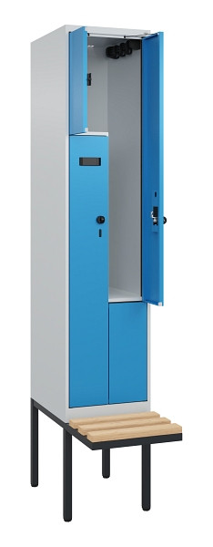 C+P Z-Spind Evolo PLUS, Bank, 2 Fächer, 2120x400x815mm, 7035/5012, Drehriegel, Sitzfläche Holz, 0490437-122 S10017