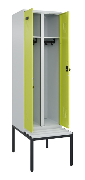 C+P Schwarz-Weiß-Spind Evolo PLUS, Bank, 2 Abteile, 2120x600x815mm, 7035/0024, Drehriegel, Sitzfläche Kunststoff, Sitzbank, 0490527-20 S10069