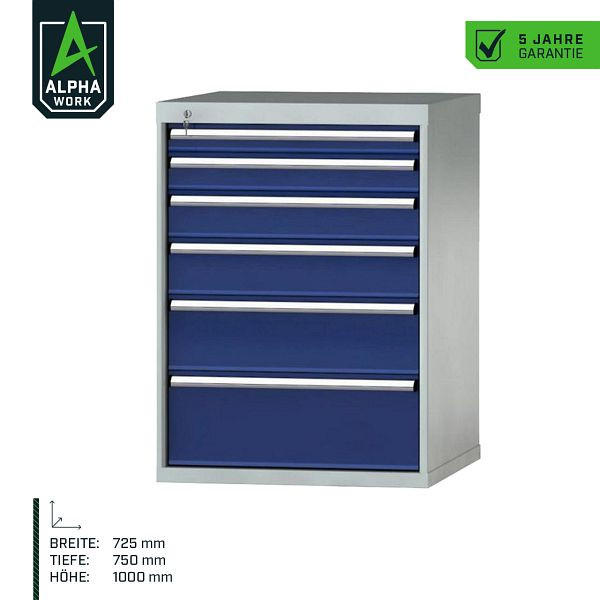 Alpha Work Schubladenschrank Basic, 725 x 1000 x 750 mm, Korpus: Lichtgrau, Front: Enzianblau, Einbaumaß: 900 mm, Einteilung: 36x36 Einheiten, 07276