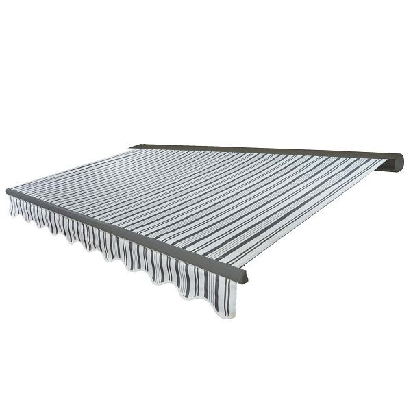 Mendler Elektrische Kassetten-Markise T122, Vollkassette Volant 4x3m, Polyester Grau/Weiß, grau, 58242+34295+58309+34360