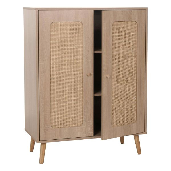 Mendler Highboard HWC-M38, Kommode Schrank Sideboard, Staufächer, Kubu Rattan Holz 106x80x41cm, Eiche-Optik, 104209