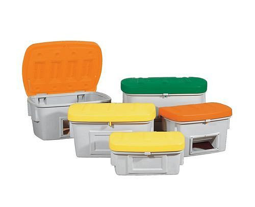 DENIOS Streugutbehälter SB 550-O aus Polyethylen (PE), 550 Liter Volumen, Entnahmeöffnung, Deckel gelb, 136-425