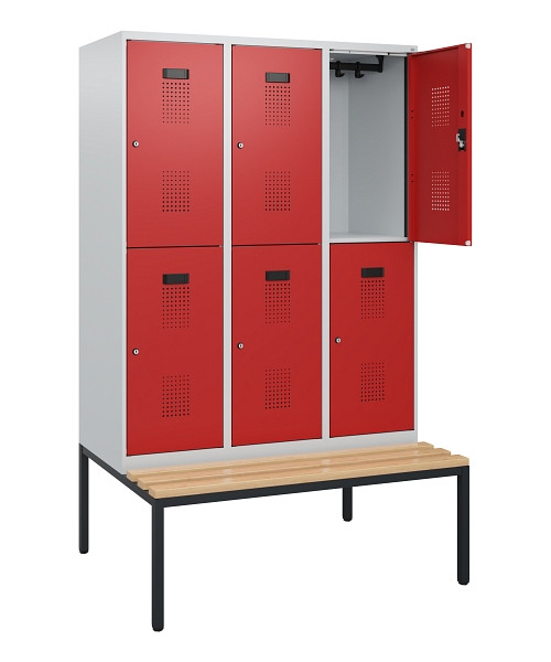 C+P Doppelstöckiger Spind Evolo PLUS, Bank, 6 Fächer, 1950x1200x815mm, 7035/3000, Zylinderschloss, Sitzfläche Buche-Hartholz, Sitzbank, 0493505-32 S10024