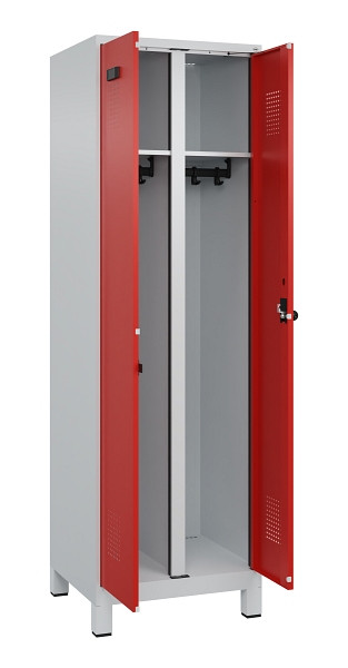 C+P Schwarz-Weiß-Spind Evolo PLUS, mit Füßen, 2 Abteile, 1950x600x500mm, 7035/3, Frontfarbe RAL 3020 Verkehrsrot, Drehriegel, 049012-20 S10005