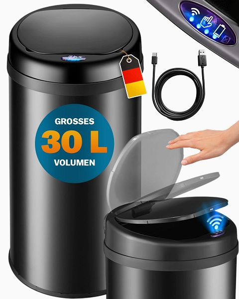 monzana Sensor Mülleimer Schwarz Edelstahl 30L, 109765, 4251776910574
