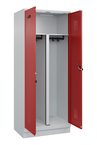 C+P PSA Schwarz-Weiß-Spind Evolo PLUS, mit Sockel, 2 Abteile, 1950x800x500mm, 70, Frontfarbe RAL 3000 feuerrot, Drehriegel, 049022-22P S10003