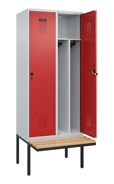 C+P Spind Evolo PLUS, 2 Abteile, 2120x800x815mm, 7035/3000, Haken 4, Drehriegel, Sitzfläche Holz, Trennwand, 0490407-22F S10003
