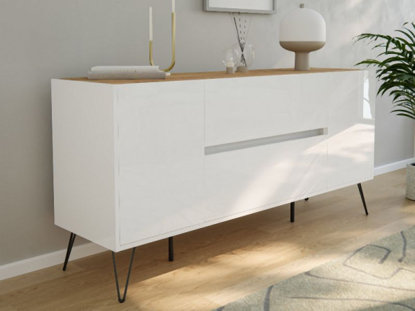 Posseik Sideboard Industrial G 155cm 2 Schubladen 2 Türen Weiß/Eiche Top, PN2084X0000059DE