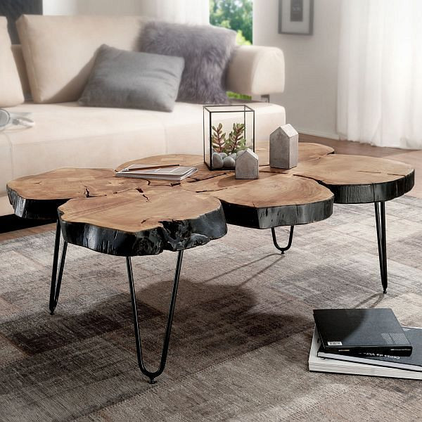 Wohnling Couchtisch BAGLI Massivholz Akazie 115 cm breit Design Metallbeine Landhaus-Stil, WL1.510