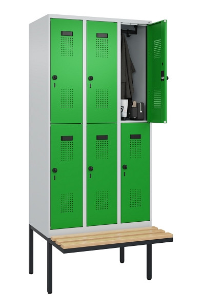 C+P Doppelstock-Spind Evolo PLUS, Bank, 6 Fächer, 2120x900x815mm, 7035/6037, Drehriegel, Sitzfläche Buche-Hartholz, 0493407-30 S10011
