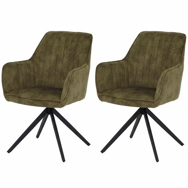 Mendler 2er-Set Esszimmerstuhl HWC-L79, Küchenstuhl Armlehne drehbar Auto-Return Samt 440g/m², Wildleder-Optik olivgrün, 121140