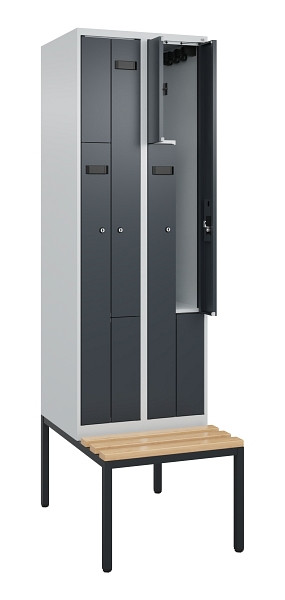 C+P Z-Spind Evolo PLUS, Bank, 4 Fächer, 2120x600x815mm, 7035/7016, Zylinderschloss, Sitzfläche Buche-Hartholz, Sitzbank, 0490537-204 S10037