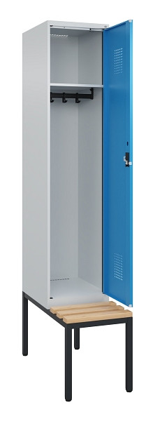 C+P Spind Evolo PLUS, 1 Abteile, 2120x400x815mm, 7035/5012, Haken 4, Zylinderschloss, Sitzfläche Buche-Hartholz, Sitzbank, 0490507-12 S10034