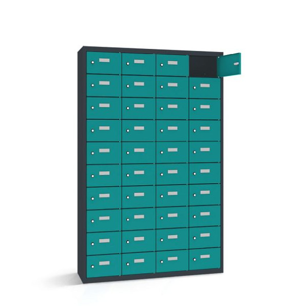 Rotstahl Wertfachschrank, 40 Fächer, Tür einwandig, kurzer Sockel, Korpus: anthrazitgrau, Türen: türkisblau, 2161-041003-1151112-7016-5018