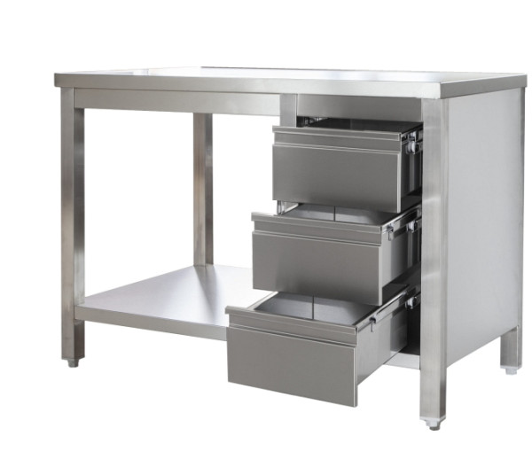 A&S Gastro Edelstahl Arbeitstisch mit Schubladenblock rechts verschweißt, Tiefe 800mm, mit Grundboden, AISI 304, 2900 x 800 x 850 mm, ARTGSR298