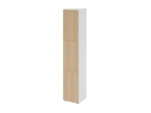 Hammerbacher Schließfachschrank schmal 6OH, 3 Türen, Korpus: weiß, Türen: Eiche, 40 x 40 x 215,6 cm (BxTxH), Zahlenschloss, V264L3/W/E/ZS