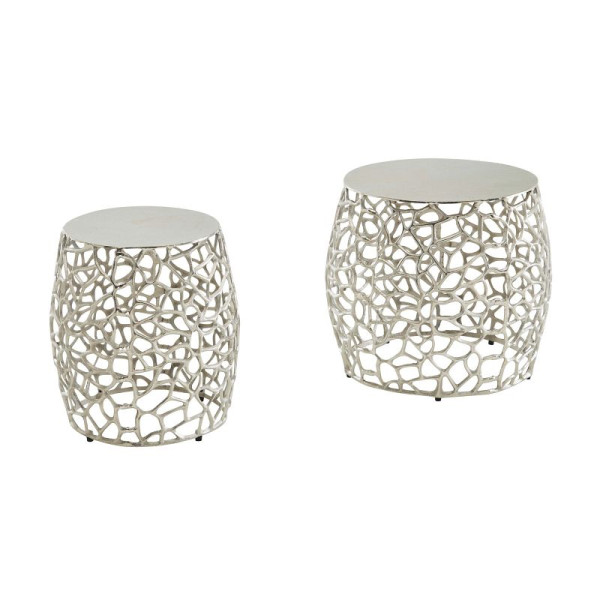 Wohnling Beistelltisch 2er Set Aluminium Silber Design Satztisch Metall Rund, Wohnzimmertisch Couchtisch Ast-Struktur Modern, WL6.655