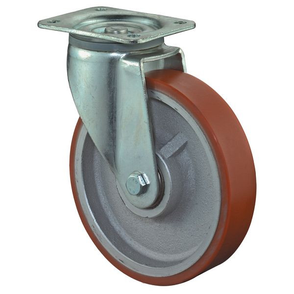 BS Rollen Schwerlastrolle, Rad-Breite 50 mm, Rad-Ø 125 mm, Tragfähigkeit 550 kg, Guss-Polyurethan 95 Shore A, Radkörper Guss, Kugellager, L600.C10.125