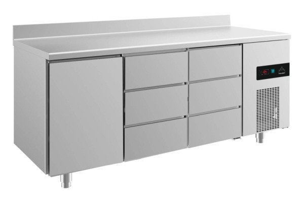 A&S Polarny Kühltisch -2 bis +8°C mit 1x Tür links und 2x drei Schubladen, 1865 x 700 x 850 mm, mit Aufkantung, KT3TDDA